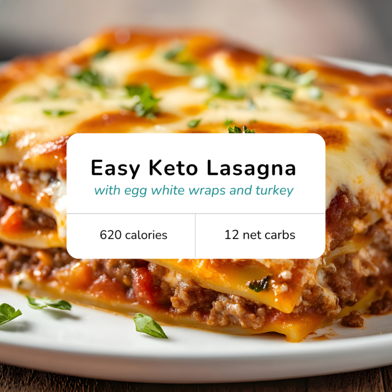 Easy keto lasagna with egg white wraps, ground turkey, ricotta, spinach, marinara, and melted mozzarella.